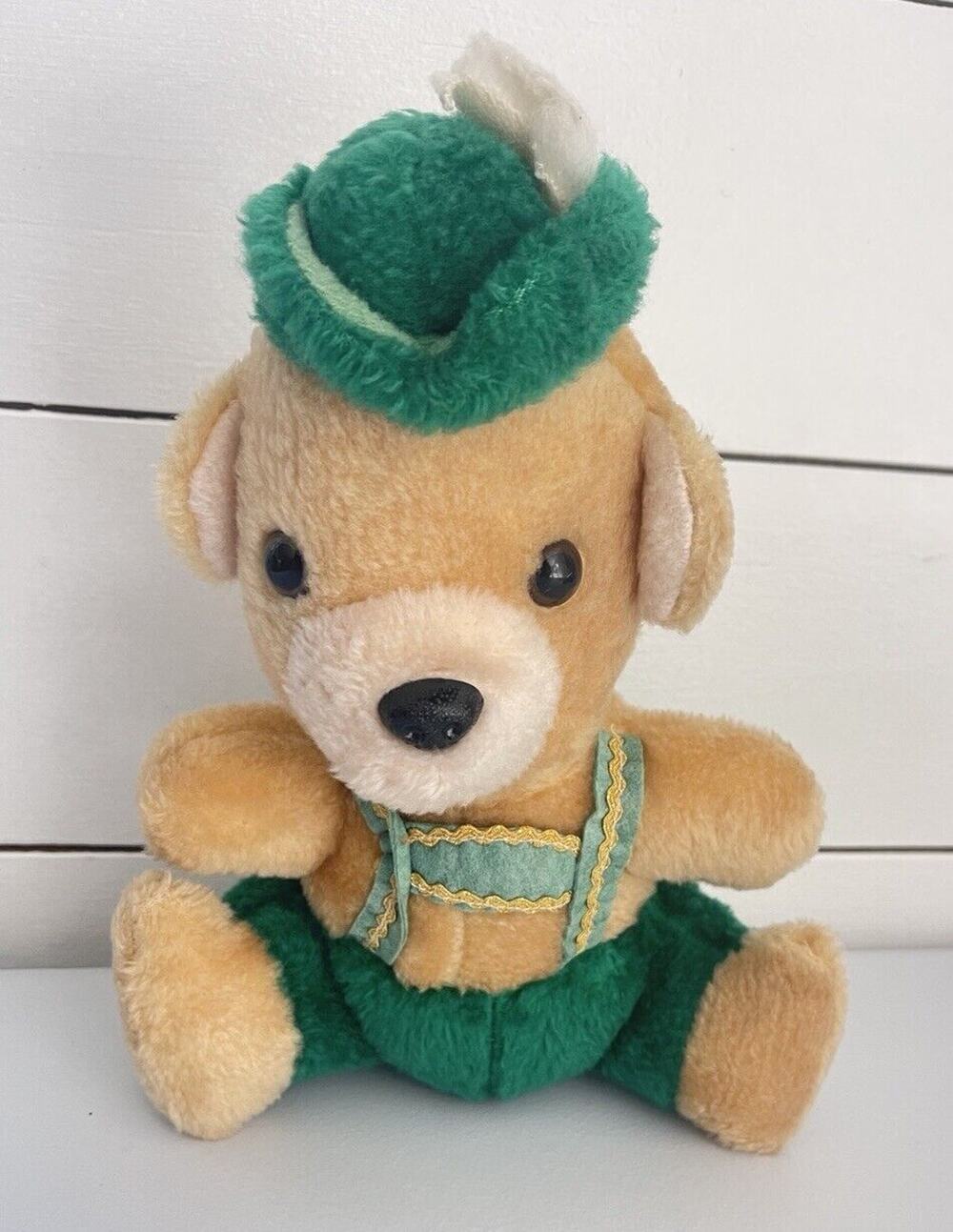 Vtg Superior Toy & Novelty German Bear 10” Plush Tan/Green Overalls Toy Carnival